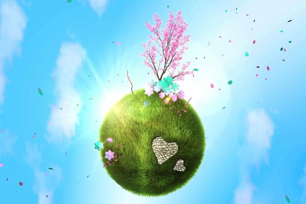 A tree with bright flowers on a green planet