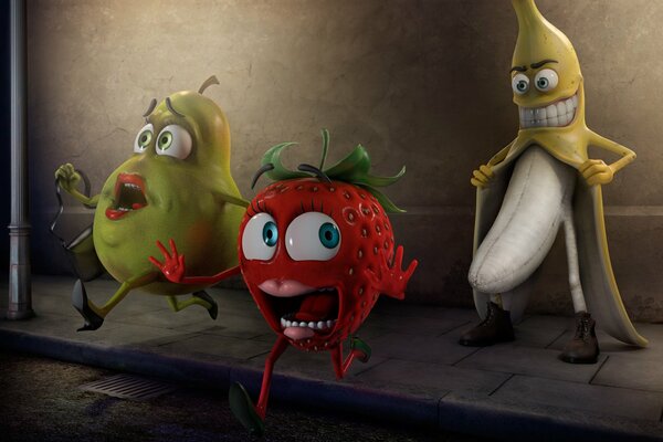Birne und Erdbeere laufen von der Banane weg