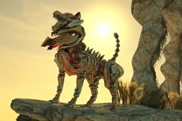 Iron dog on the background of sunset