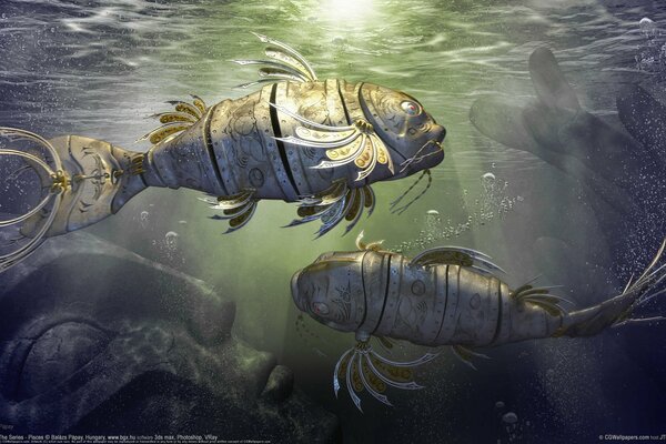 Roboter fischen im Wasser in der Nähe einer Statue