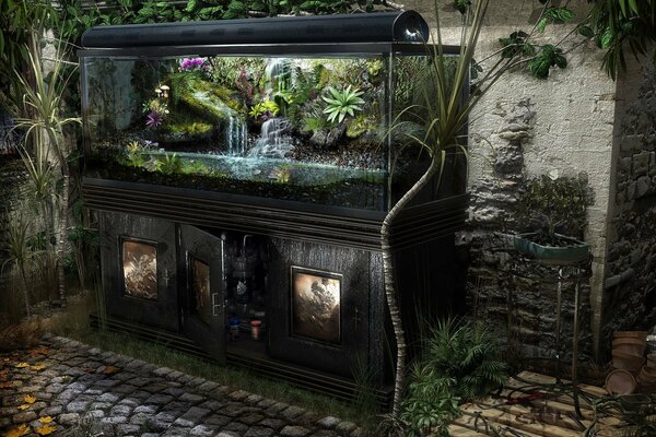 Realism in the interior. A room with an aquarium and plants