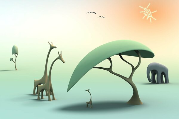 Giraffes and elephants stand near a tree