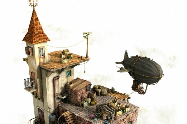 A fabulous house with a black airship on an empty background