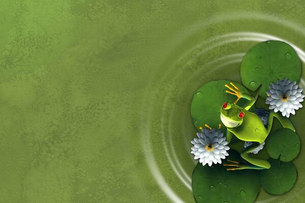 Green animated frog with red eyes sits on water lilies 3d