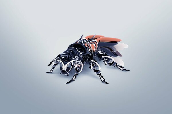 Czarna mucha robot z pomarańczowymi skrzydłami grafika 3D