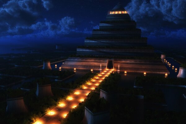 Pyramide-temple éclairé dans la nuit