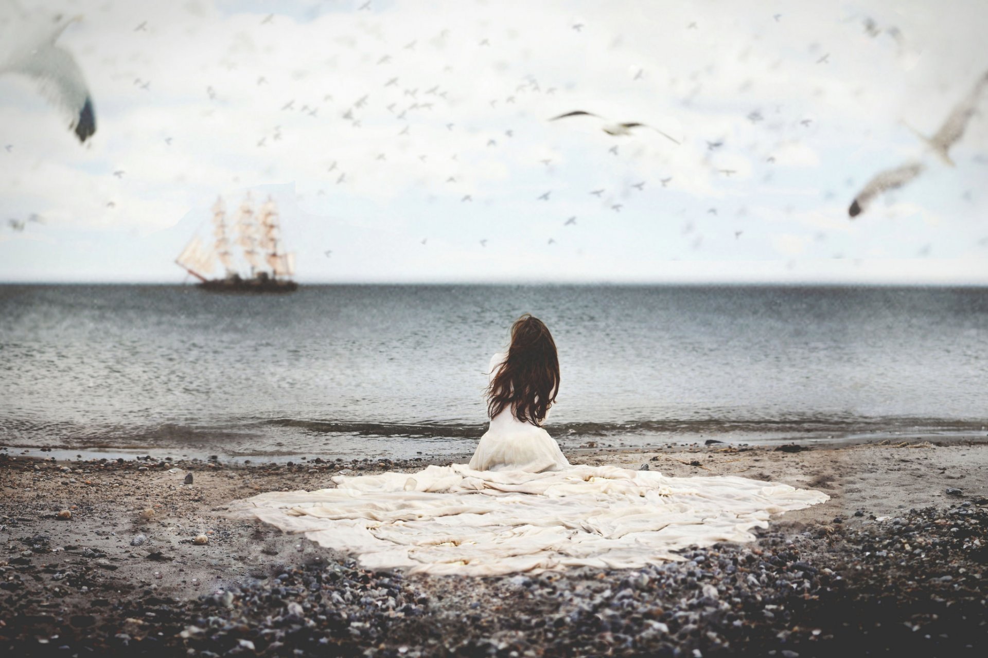 girl dress water sea ship gulls bird