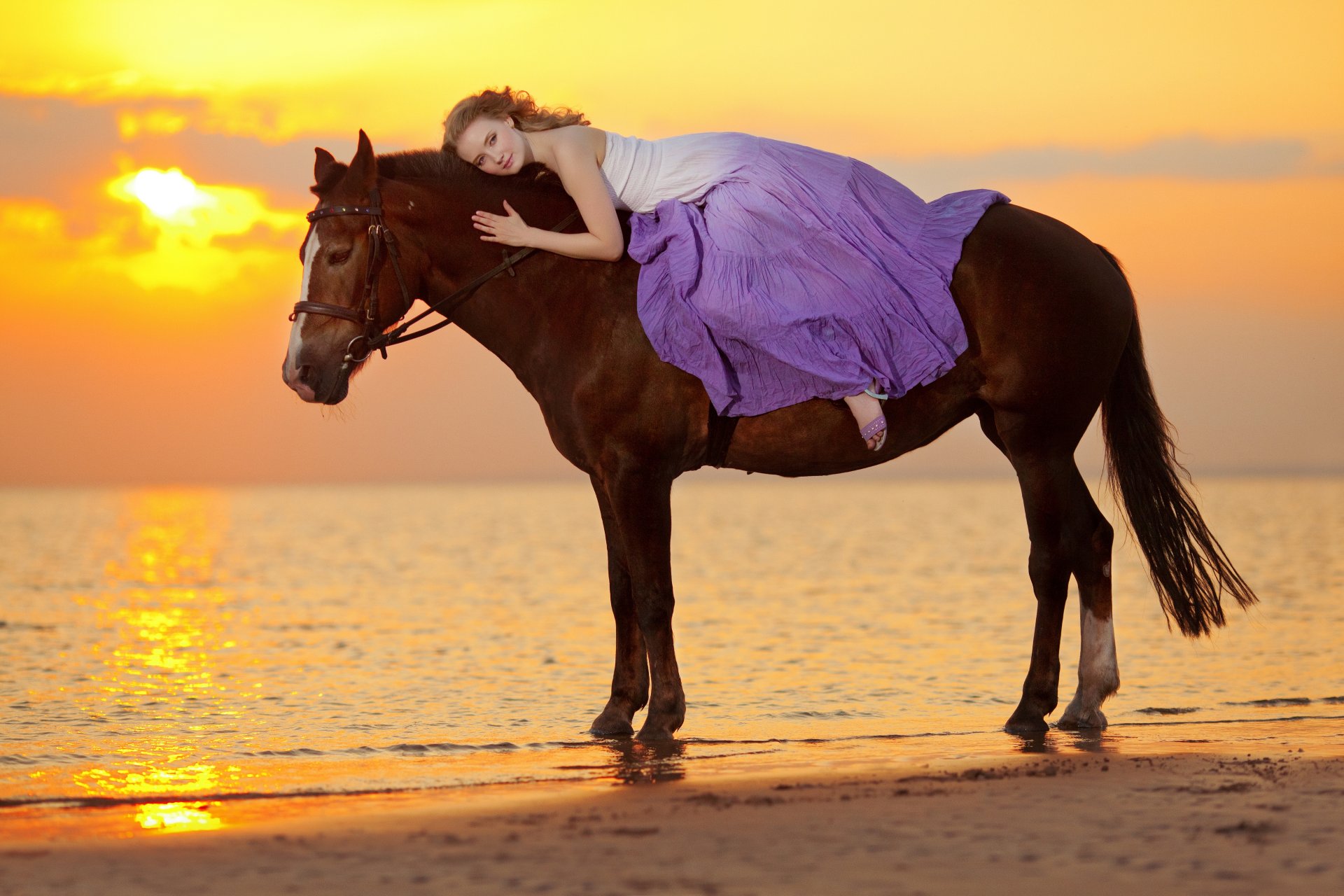 mer côte fille cheval coucher de soleil