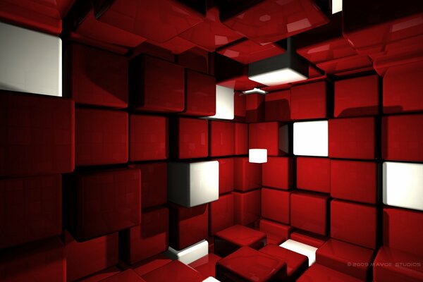 Salle 3d de cubes rouges et blancs