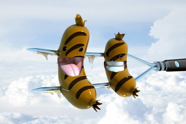 Salchichas en traje Beeline en vuelo