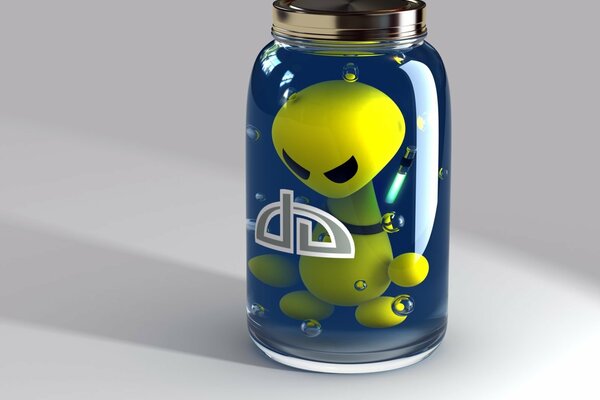 A jar with an alien inside in the water