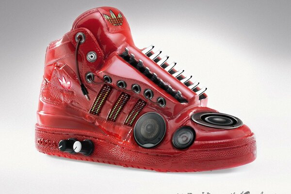 Red studded sneakers with audio