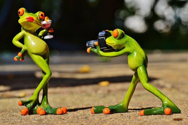 Frog toys imitate photographer and model