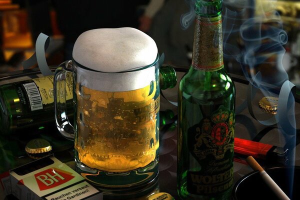 Beer in a glass next to cigarettes