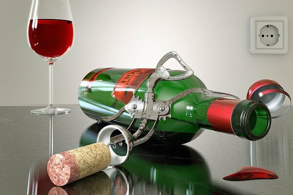 Bottiglia aperta di vino rosso e bicchiere di vino