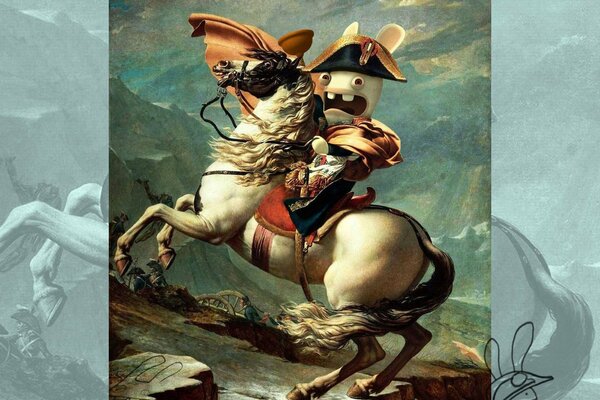 A rabbit on a horse in a Napoleon hat