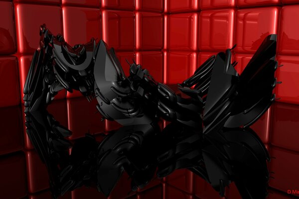 A black creature on a background of red cubes