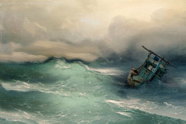 Pintura que representa un barco atrapado en una tormenta