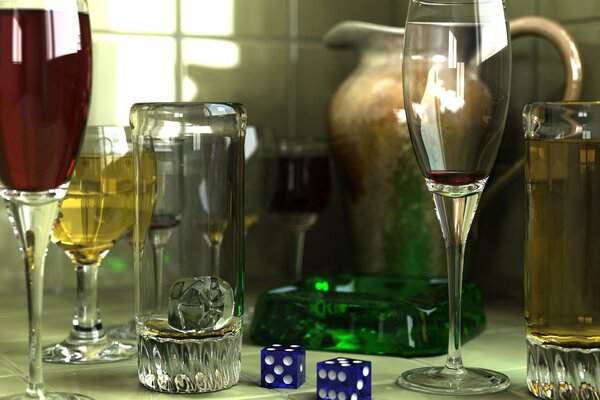 Dice with glasses of wine