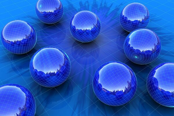 Image of glass balls on a blue checkered background