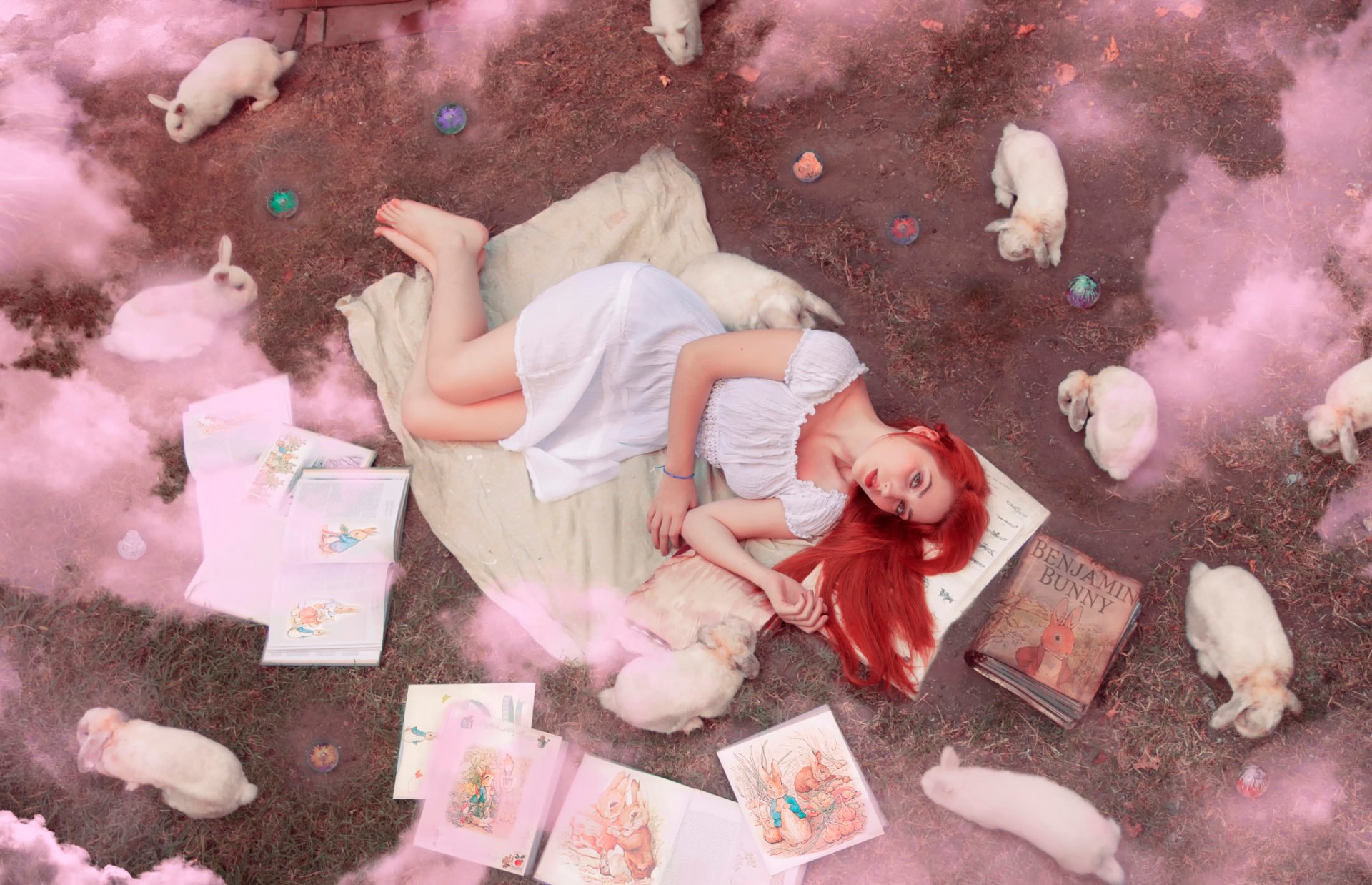 girl books rabbits smoke