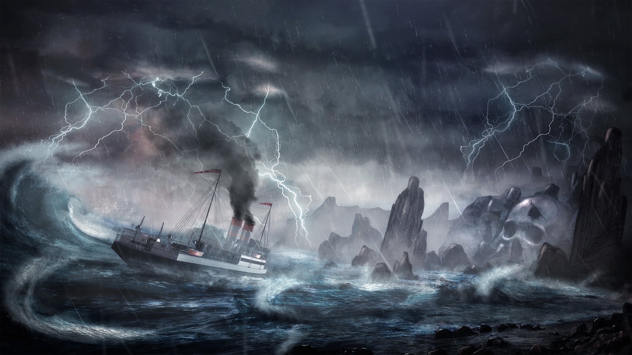 torm ship island rocks lightning waves storm disaster