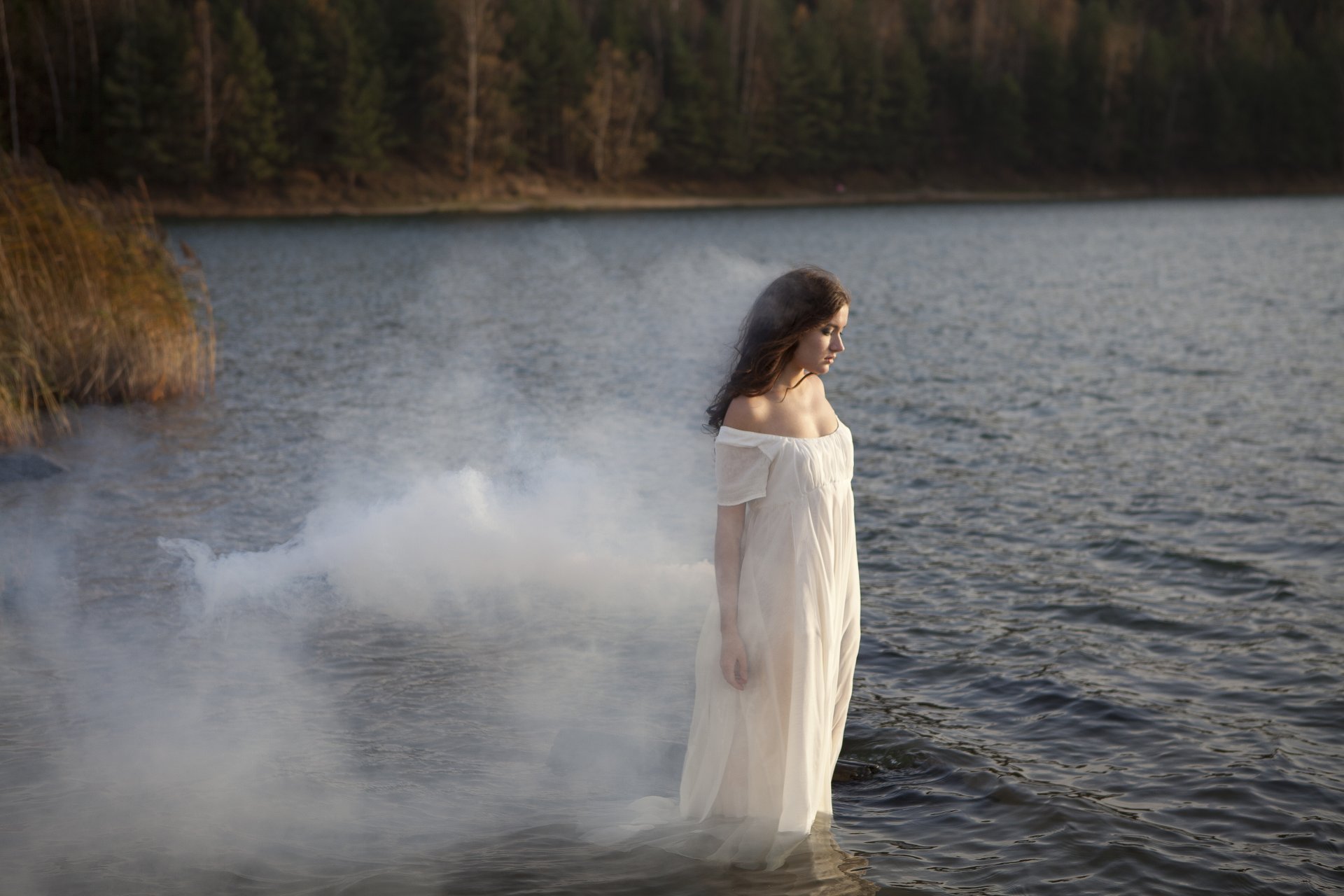 girl brown hair river dress smoke