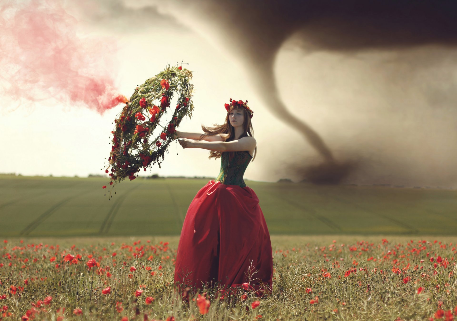 girl wreath tornado the field