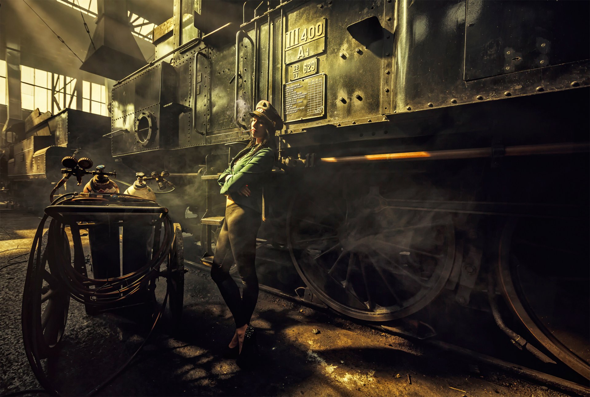 teampunk workshop girl smoke depot steam engine dangerous life