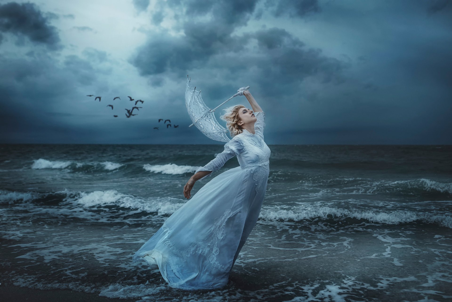 ave me dziewczyna morze brzeg burza parasol wiatr ptaki tj drysdale