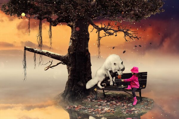 A girl in a white wolf on a bench under a tree