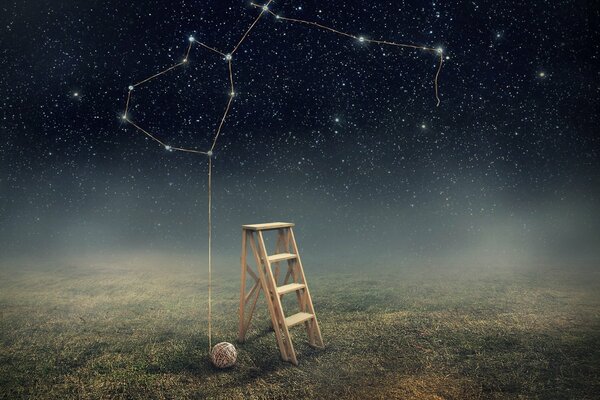 Escalera de tijera en el campo bajo el cielo estrellado