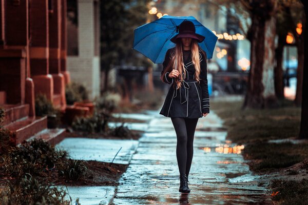 Девушка под зонтом идет в дождь