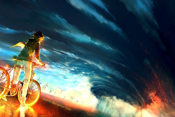 Chico en bicicleta mirando la tormenta
