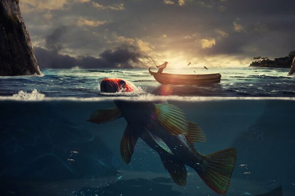 A fisherman drags a giant fish into the sea