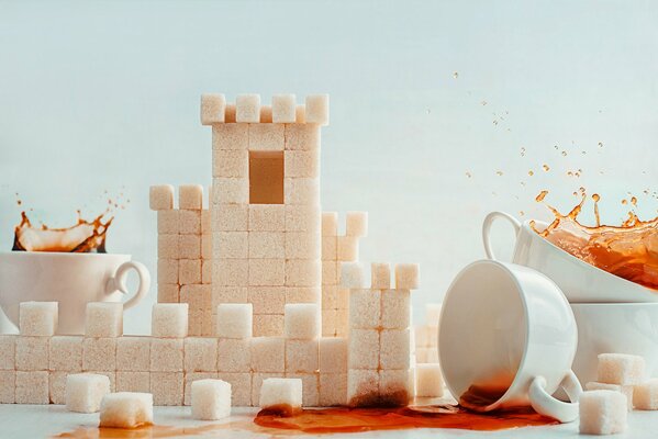 Hermoso castillo de azúcar refinada, con tazas de té caliente