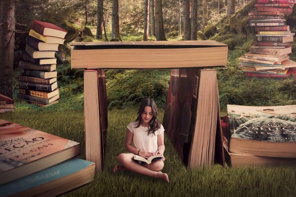 A girl is sitting in the forest among a bunch of books