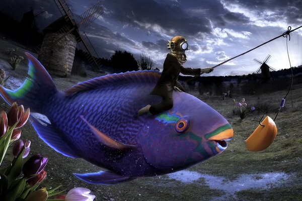 A surreal picture of a girl in a diving helmet riding a fish chasing bait on a hook. Mills and tulips in the background