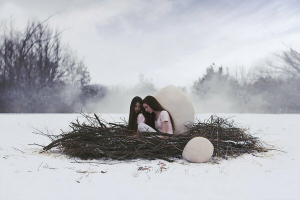 Home. Sweet home. Girls with an egg