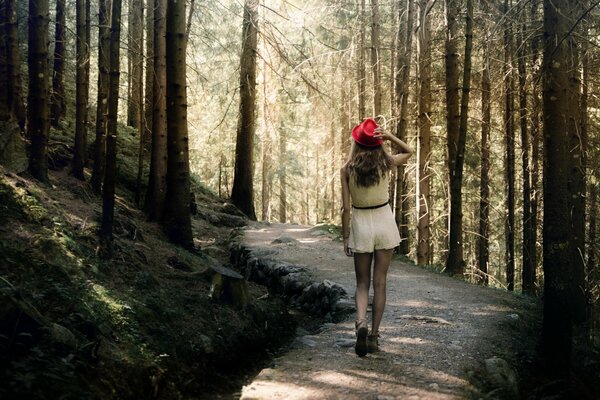 Hermosa chica en el bosque en un paseo