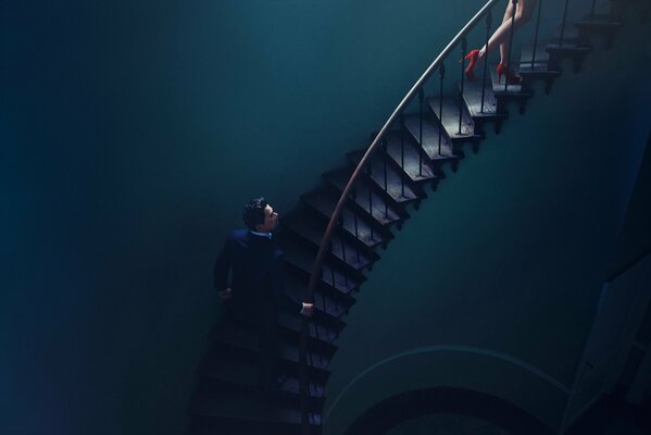 A man climbs a high staircase behind a woman