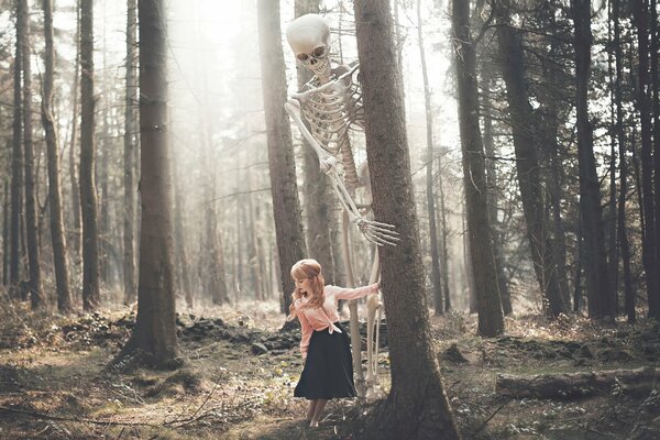 A beautiful girl alone in the forest. A large skeleton