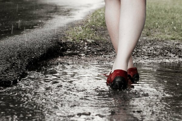 Feet in red shoes in a puddle