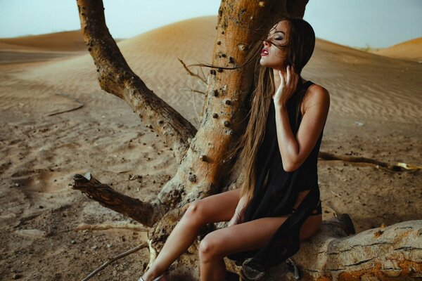 Chica con el pelo largo en un árbol en el desierto