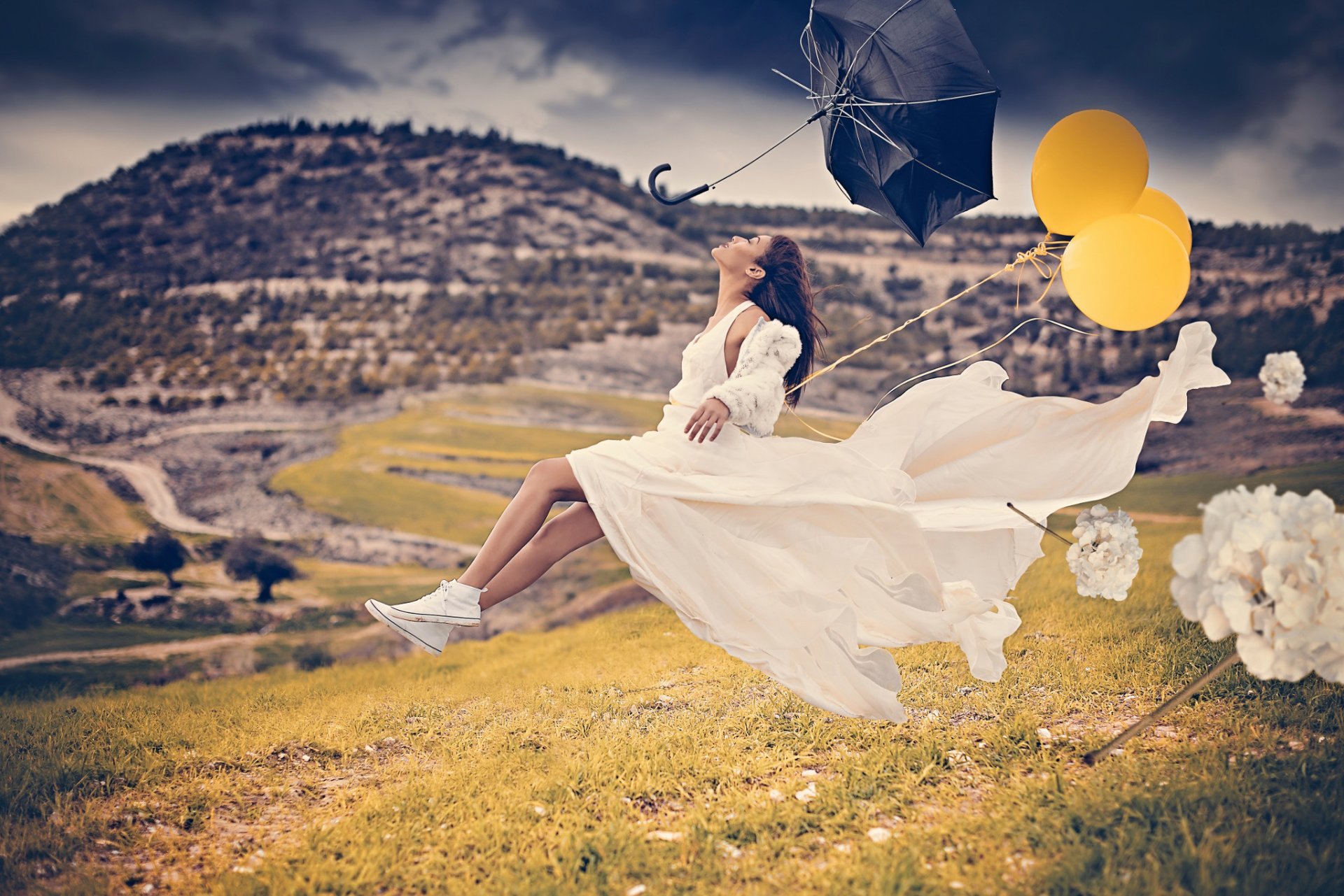 fliegende braut mädchen regenschirm luftballons wind