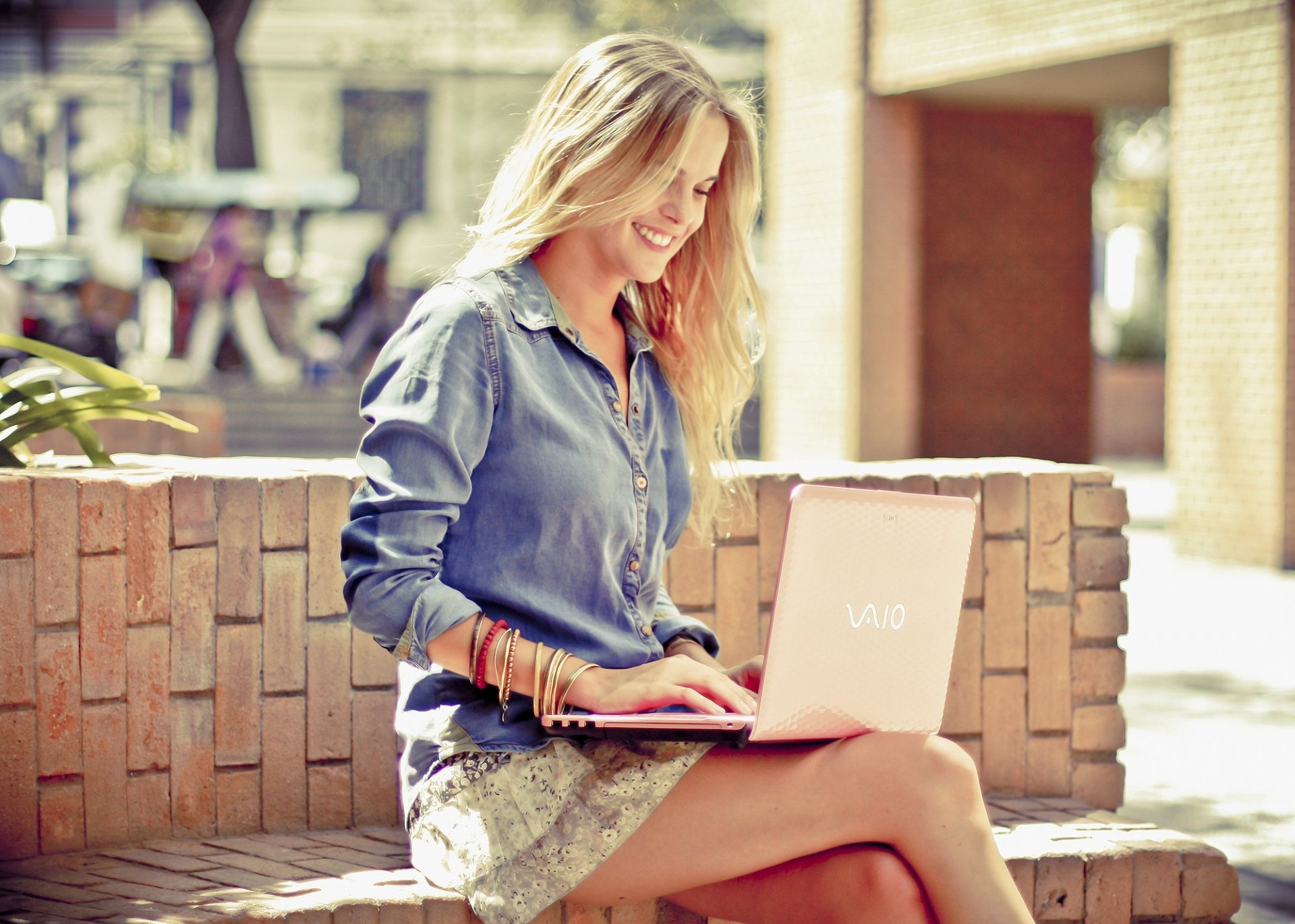 girl blonde smile notebook vaio