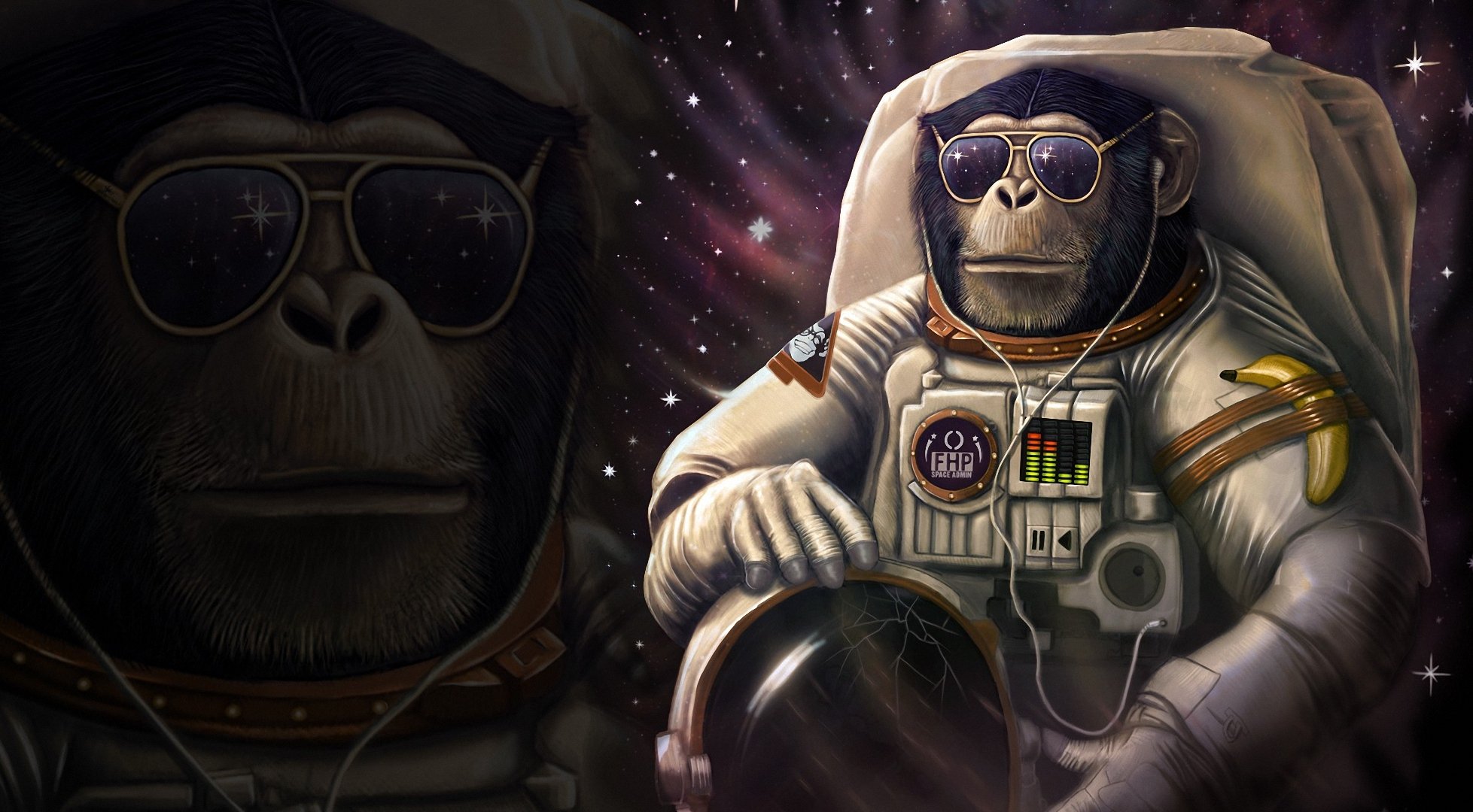 chimpancé mono traje espacial casco plátano gafas humor grietas auriculares