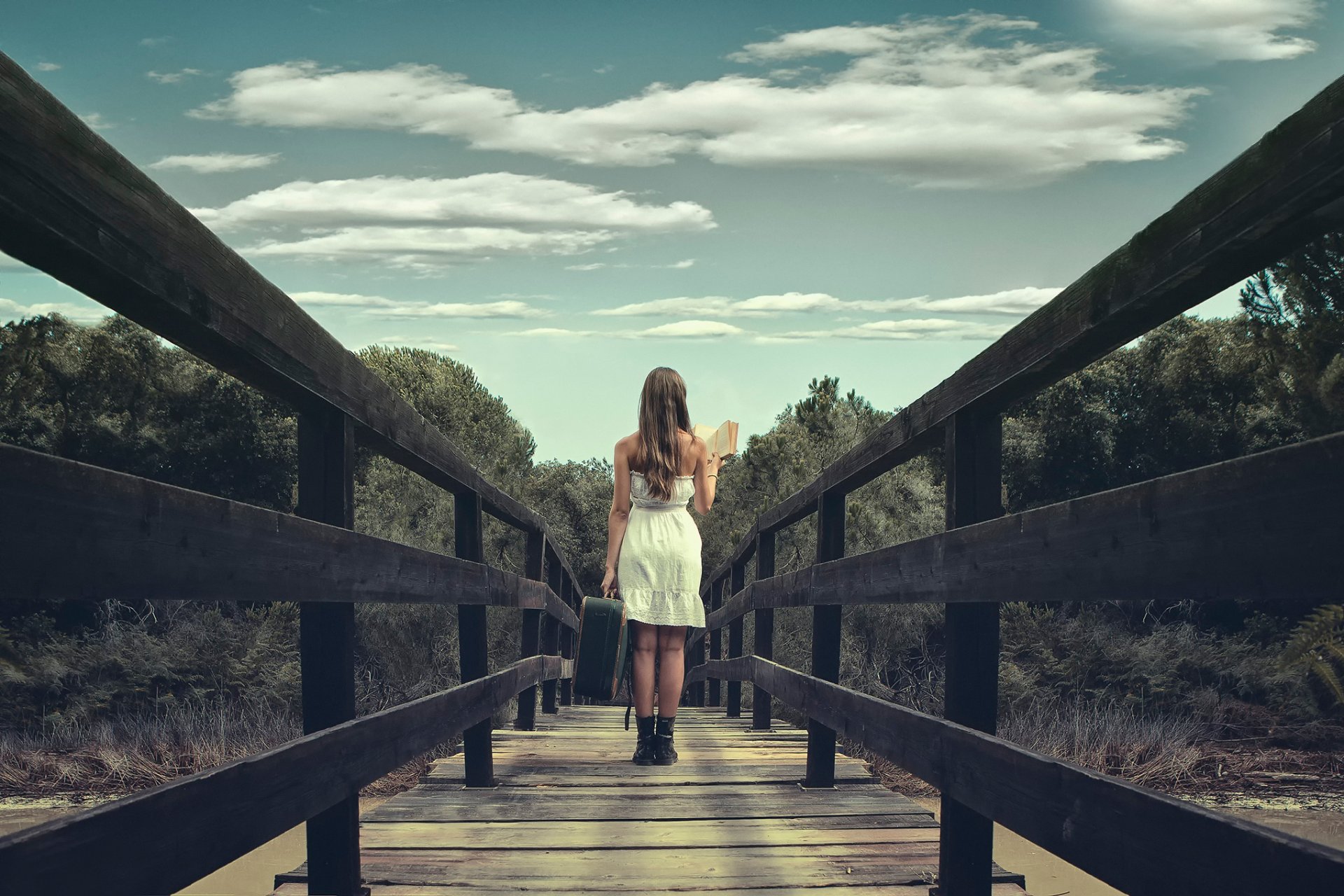 un pont une jeune fille une valise un livre