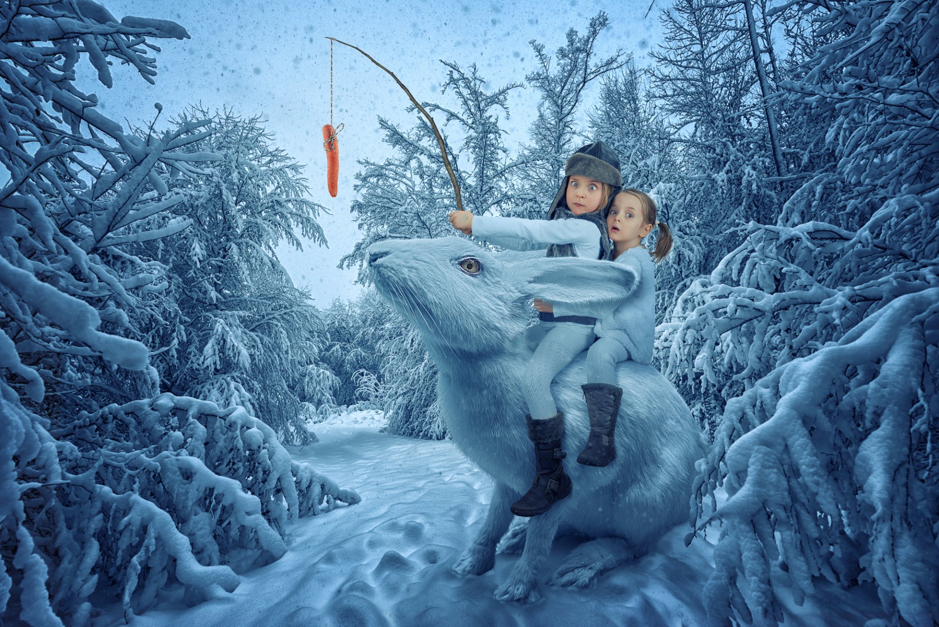 ragazze bambini lepre di neve carota foresta invernale