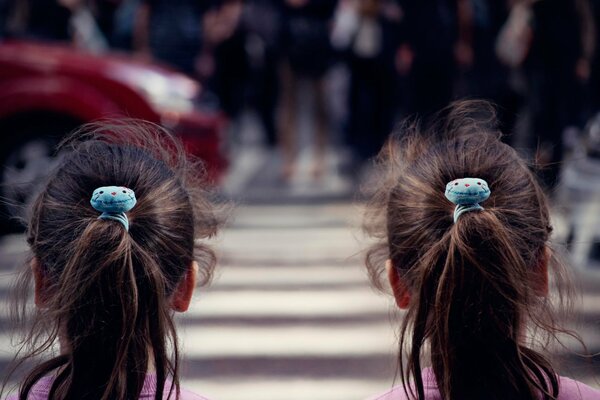 Twin girls at a pedestrian crossing